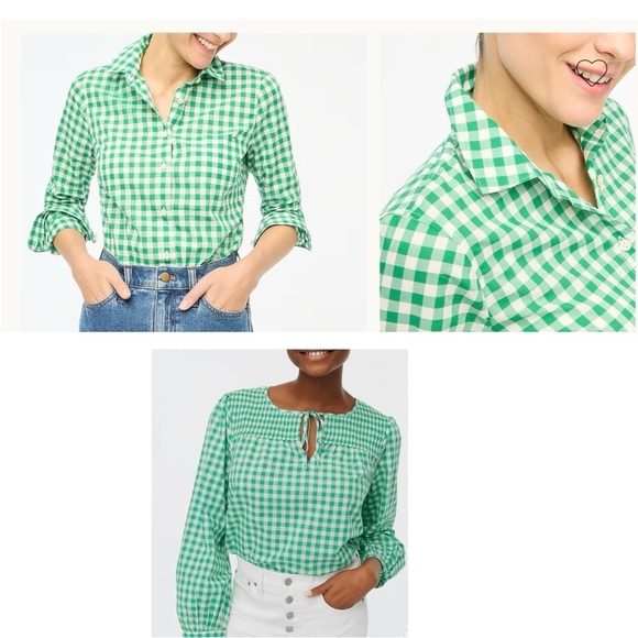 J. Crew Green Gingham Women's Top XXS Tie Neck Smocked Cotton Woven Casual Chic - Picture 2 of 16
